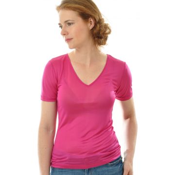 T-Shirt mit V-Ausschnitt aus Bio-Seide Feinjersey magenta von Alkena