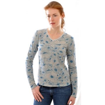 100% Bouretteseide Langarm Shirt mit V-Ausschnitt mit Blumendruck grau blau