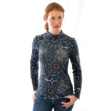100% Bouretteseide Rollkragen Shirt mit langen Ärmeln mit dunkelblauem Druck