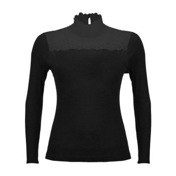 Wolle-Modal Stehkragen Langarmshirt Eleine schwarz mit Spitze von Madiva