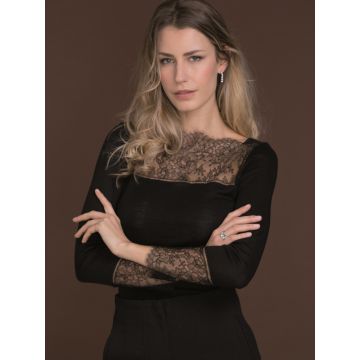 Barchetta U-Boot Ausschnitt Shirt schwarz Wolle Seide von Artimaglia Merino - Hose nicht im Lieferumfang enthalten