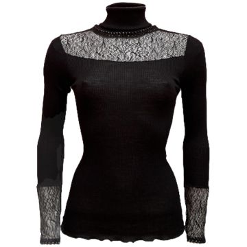 Merinowolle-Seide Rollkragen Shirt mit feiner Netz-Spitze von Artimaglia schwarz