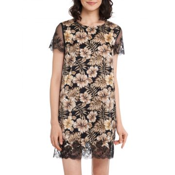 Seide Nachtkleid Kurzarm Joanna schwarz beige mit Blumenprint von Gattina