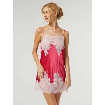 Seidenneglige Lydia kurz geranien-rot mit rosa Spitze von Vivis