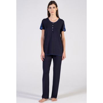 Kurzarm Modal Damen Schlafanzug Blu Verdiani Donna dunkelblau mit Spitze