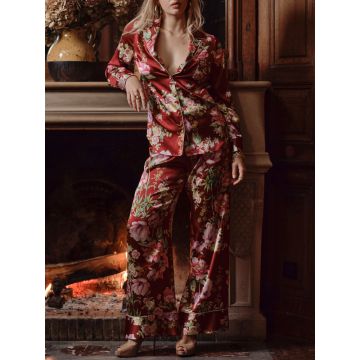 Stretchseiden Schlafanzug Velvet in bordeauxrot mit Blumenprint