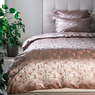 Blüten-Muster Seidenbettwäsche Magnolia Strawberry rosé und grün Seidenweber Collection