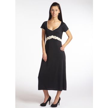 Kurzarm-Seidennachtkleid Tahiti schwarz-creme von Gattina Nachtwäsche