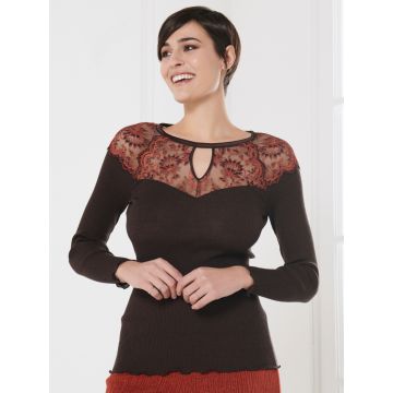 Merinowolle Seide Langarmshirt gerippt braun mit rostrot Calais Spitze von Oscalito - Hose nicht im Lieferumfang enthalten