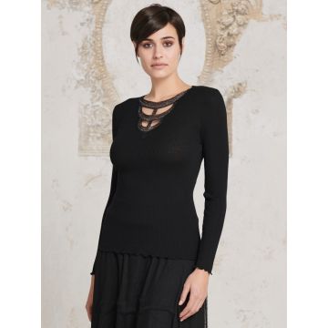 Merinowolle Seide Langarmshirt gerippt schwarz mit Glitzer von Oscalito - Hose nicht im Lieferumfang enthalten