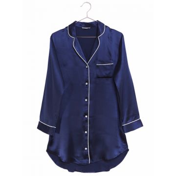 100% Seide Sleepshirt Camilla Fullmoon Sky dunkelblau mit cremeweißer Biese von Radice