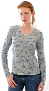 100% Bouretteseide Langarm Shirt mit V-Ausschnitt mit Blumendruck grau blau