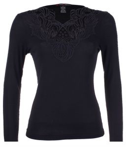 Langarm Shirt schwarz mit Makramee Spitze Wolle Seide Merino von Artimaglia Made in Italy
