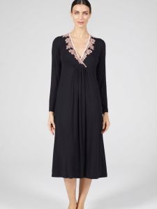 Modal Langarm Nachtkleid wadenlang schwarz-rosa von Verdiani Donna