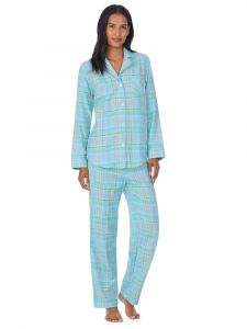 Pyjama Baumwolle Viscose Flanell aqua kariert Lauren by Ralph Lauren Sleepwear für Damen