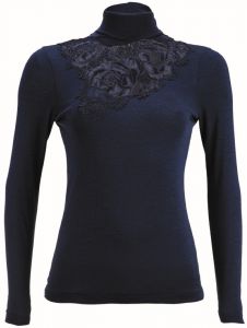 Merinowolle-Seide Rollkragen Shirt mit schweizer Spitze von Artimaglia nachtblau