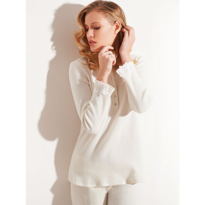 Schlafanzug warm Kuschel Cotton Rippware cremeweiß von Chiara Fiorini