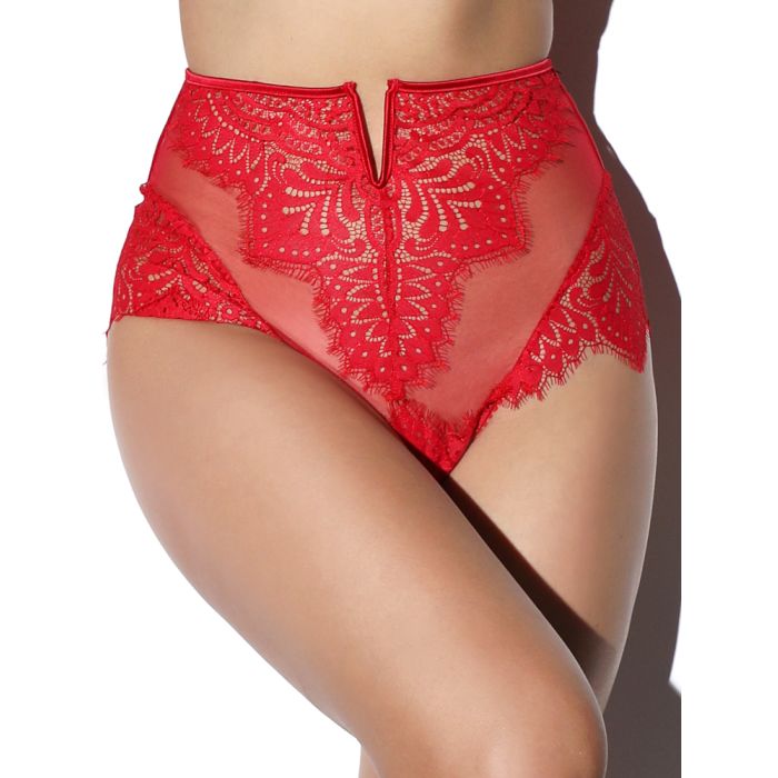 Luxuriöser Black Swan high waist Brazilian Slip aus Spitze und Tüll in rot  von Prelude Milano.